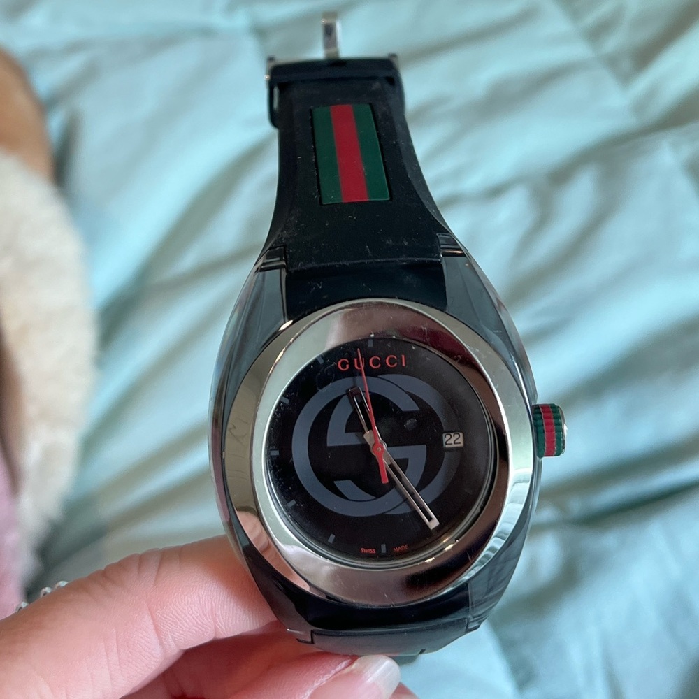 Gucci Black and Red Watch with Green Stripe